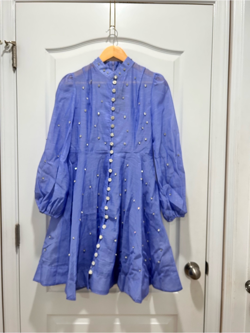 Kaimilan Periwinkle Blue Rhinestone Embellished Mini Dress Size 6 Sheer Overlay